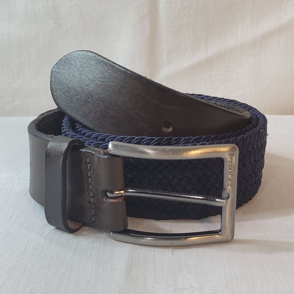Brooksfield (Men's 95 cm) Navy Woven Fabric Brown Leather Silver Bucket Belt